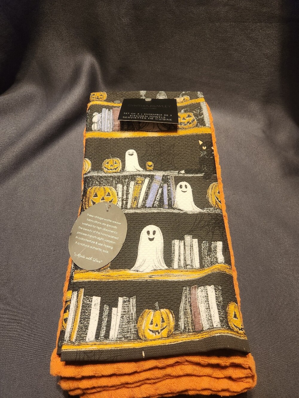 GHOSTS Reading BOOKS Orange Black 3 Halloween Kitchen Towels Cynthia Rowley NWT